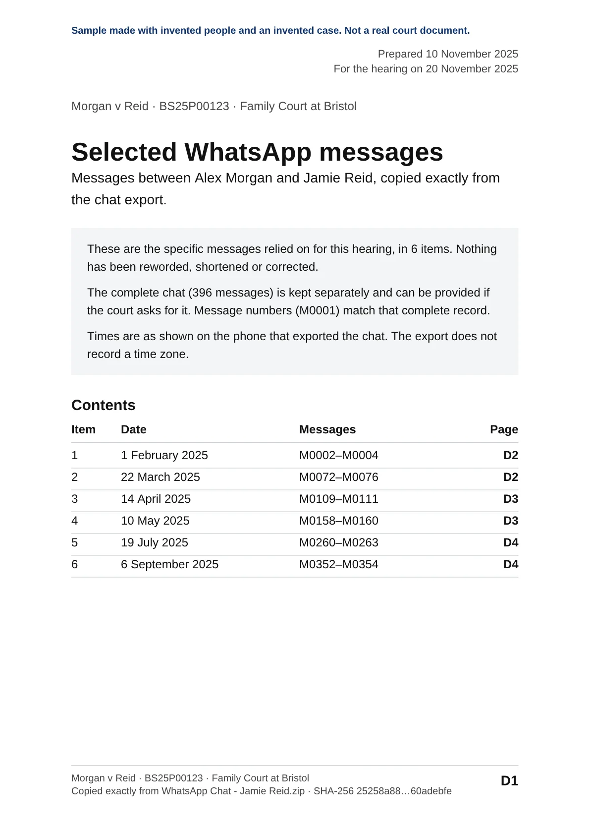 Front page of the selected messages section, with contents and page numbers D1 to D4